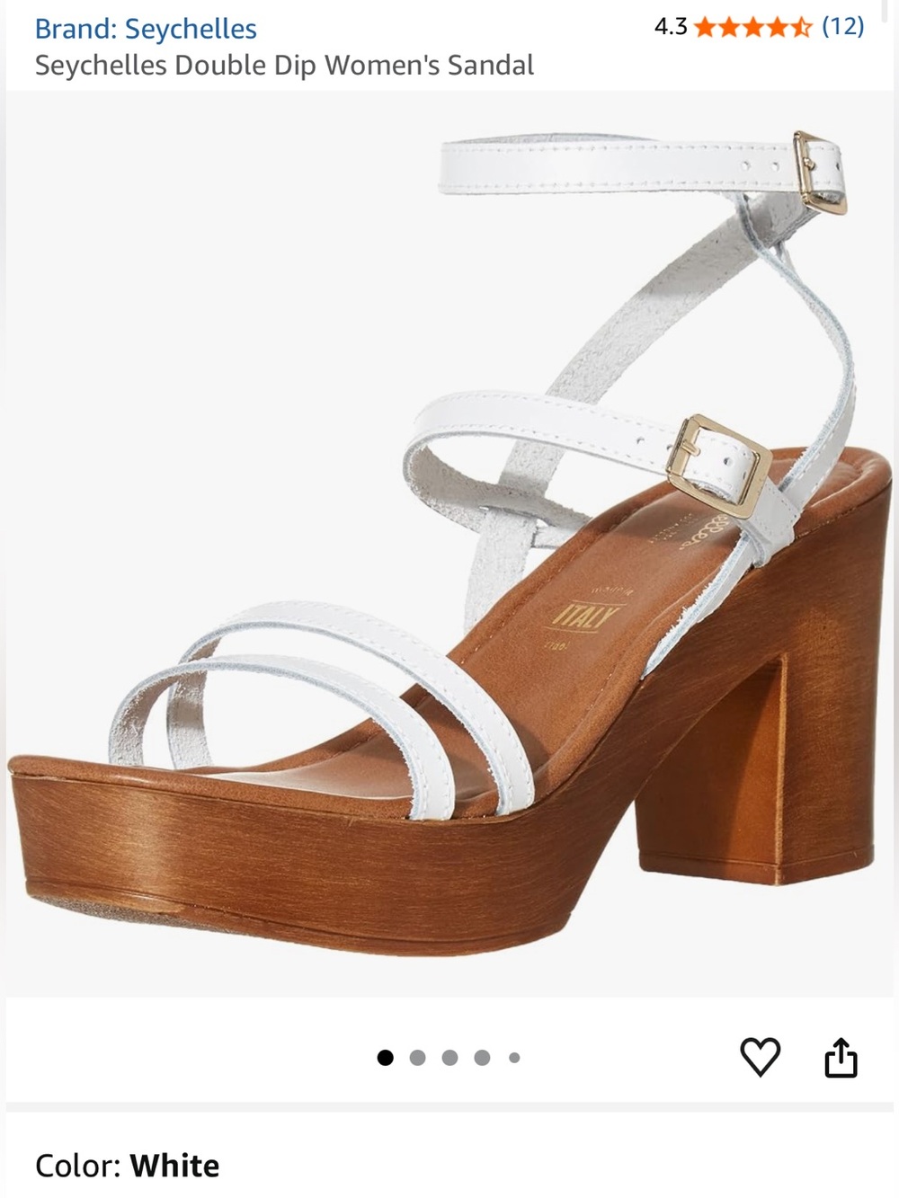 Seychelles White Leather Strappy Platform Sandal with Wood Block Heel